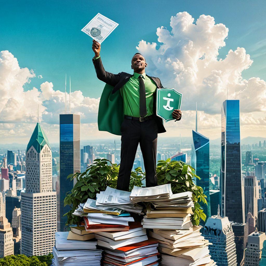 A dynamic scene featuring a confident individual standing atop a pile of financial documents symbolizing debt, holding a shield emblazoned with the word 'Insurance' to signify protection. Surrounding them are green growth elements like plants representing financial empowerment and prosperity. The background showcases a city skyline reflecting dreams of a secure future. Bold colors to convey optimism and energy. super-realistic. vibrant colors. 3D.