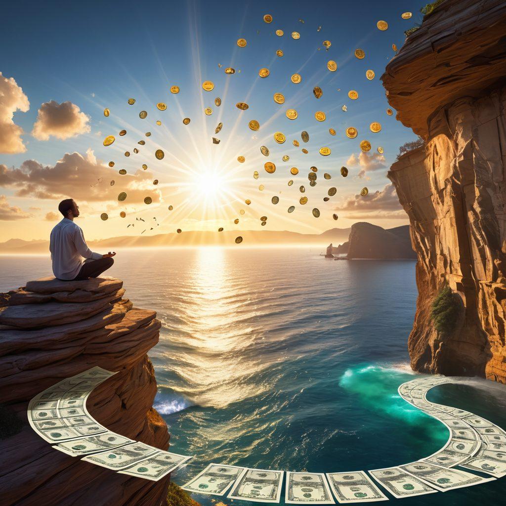A serene scene depicting a person meditating on a cliff overlooking a vast ocean filled with opportunities, with symbols of money such as coins and dollar bills floating around. In the background, vibrant sun rays shine down, symbolizing enlightenment and financial independence. The foreground features a roadmap leading to various financial strategies illustrated by different paths and icons. super-realistic. vibrant colors. inspirational atmosphere.