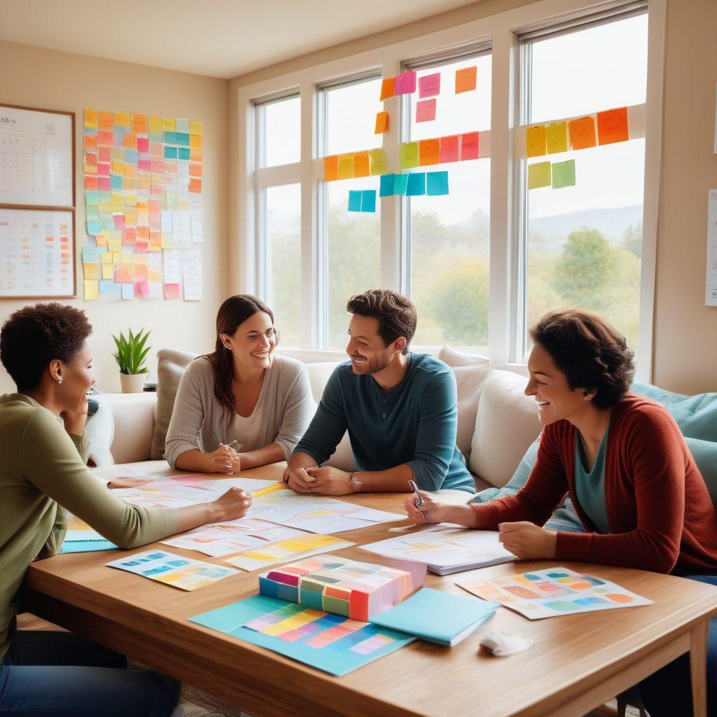 A serene living room scene depicting a family joyfully reviewing their budget on a large table with colorful charts and sticky notes around, symbolizing debt elimination. A clear whiteboard behind them showcases a debt-free vision with motivational quotes. Natural light streaming in, creating a hopeful atmosphere. super-realistic. vibrant colors. cozy interior.